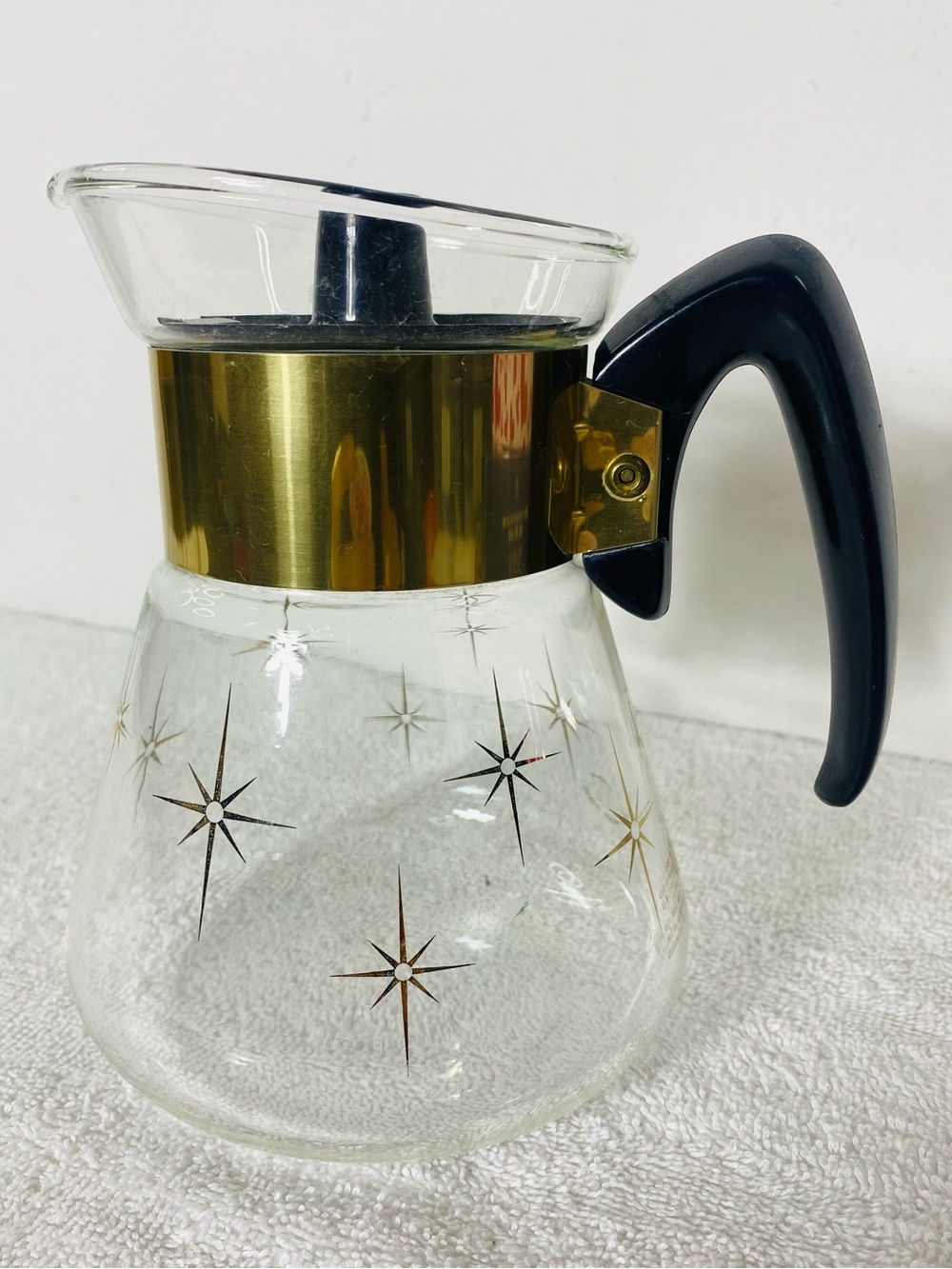 Vintage PYREX Atomic Starburst Coffee Carafe Pitcher Gold Trim MCM 1960s